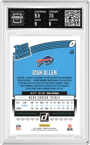 Josh Allen from the 2018 Panini Donruss set graded by Arena Club and given an overall grade of 8.