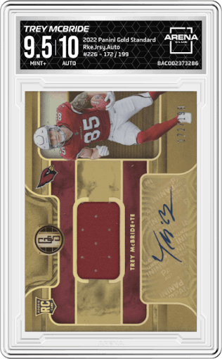 Trey McBride from the 2022 Panini Gold Standard set graded by Arena Club and given an overall grade of 9.5.