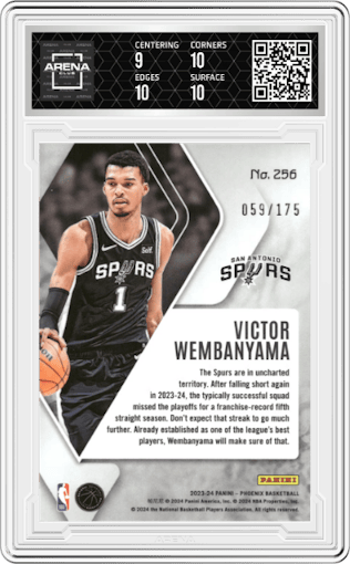 Victor Wembanyama from the 2023-24 Panini Phoenix set featuring a Green Lazer parallel graded by Arena Club and given an overall grade of 9.5.