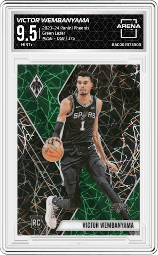 Victor Wembanyama from the 2023-24 Panini Phoenix set featuring a Green Lazer parallel graded by Arena Club and given an overall grade of 9.5.