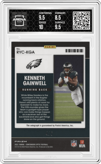 Kenneth Gainwell from the 2021 Panini Contenders Optic set featuring a Gold parallel graded by Arena Club and given an overall grade of 9.