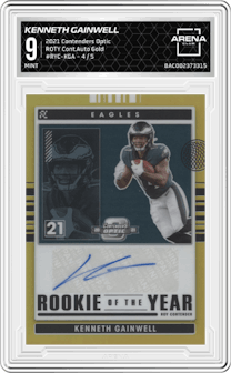 Kenneth Gainwell from the 2021 Panini Contenders Optic set featuring a Gold parallel graded by Arena Club and given an overall grade of 9.
