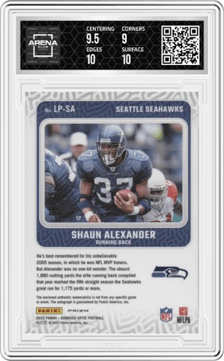 Shaun Alexander from the 2023 Donruss Optic set graded by Arena Club and given an overall grade of 9.5.