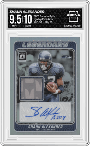 Shaun Alexander from the 2023 Donruss Optic set graded by Arena Club and given an overall grade of 9.5.