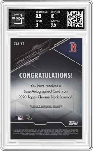 Xander Bogaerts from the 2020 Topps Chrome Black set graded by Arena Club and given an overall grade of 9.5.