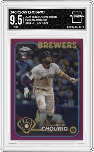 Jackson Chourio from the 2024 Topps Chrome Update set featuring a Magenta Refractor parallel graded by Arena Club and given an overall grade of 9.5.