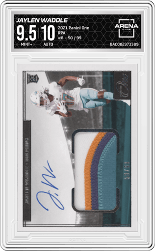 Jaylen Waddle from the 2021 Panini One set graded by Arena Club and given an overall grade of 9.5.
