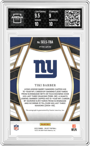 Tiki Barber from the 2023 Panini Select set graded by Arena Club and given an overall grade of 9.5.