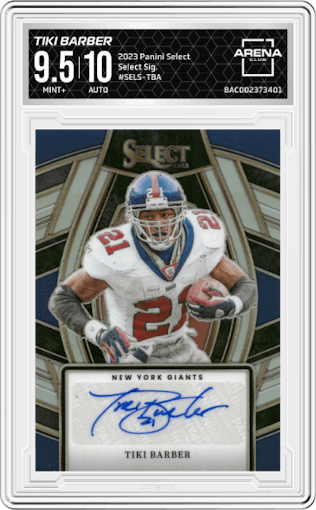 Tiki Barber from the 2023 Panini Select set graded by Arena Club and given an overall grade of 9.5.