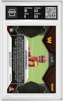 Jayden Daniels from the 2024 Panini Mosaic set featuring a Green Mosaic parallel graded by Arena Club and given an overall grade of 9.5.