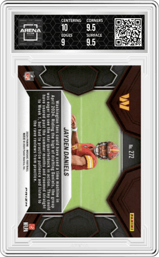 Jayden Daniels from the 2024 Panini Mosaic set featuring a Green Mosaic parallel graded by Arena Club and given an overall grade of 9.5.