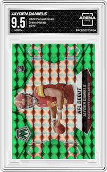 Jayden Daniels from the 2024 Panini Mosaic set featuring a Green Mosaic parallel graded by Arena Club and given an overall grade of 9.5.