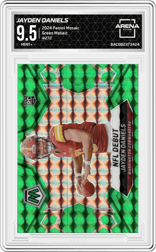 Jayden Daniels from the 2024 Panini Mosaic set featuring a Green Mosaic parallel graded by Arena Club and given an overall grade of 9.5.