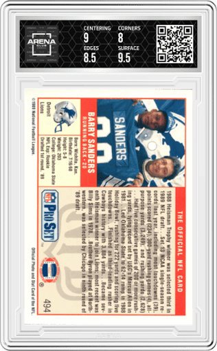 Barry Sanders from the 1989 Pro Set set graded by Arena Club and given an overall grade of 8.5.