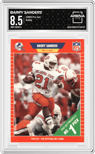 Barry Sanders from the 1989 Pro Set set graded by Arena Club and given an overall grade of 8.5.