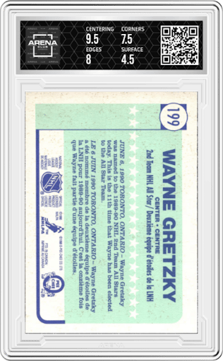 Wayne Gretzky from the 1990-91 O-Pee-Chee set graded by Arena Club and given an overall grade of 5.
