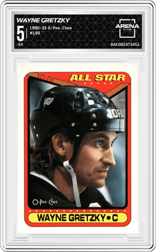 Wayne Gretzky from the 1990-91 O-Pee-Chee set graded by Arena Club and given an overall grade of 5.