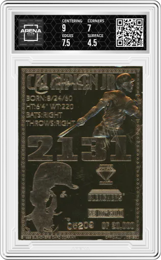 Cal Ripken Jr. from the 1995 Bleachers 23KT Cal Ripken set graded by Arena Club and given an overall grade of 5.
