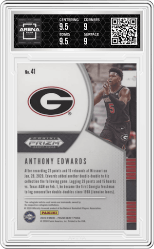 Anthony Edwards from the 2020-21 Panini Prizm Draft Picks set graded by Arena Club and given an overall grade of 9.5.