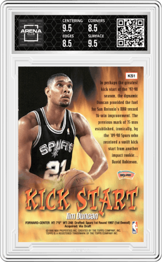 Tim Duncan from the 1998-99 Topps set graded by Arena Club and given an overall grade of 9.