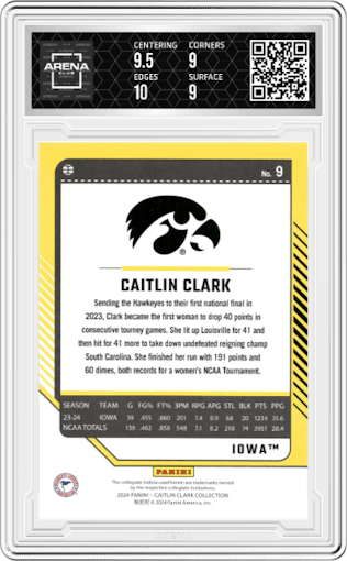 Caitlin Clark from the 2024 Panini Caitlin Clark Collection set featuring a Target parallel graded by Arena Club and given an overall grade of 9.5.