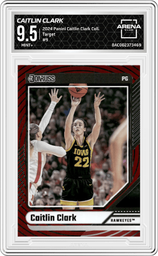 Caitlin Clark from the 2024 Panini Caitlin Clark Collection set featuring a Target parallel graded by Arena Club and given an overall grade of 9.5.