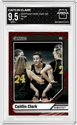 Caitlin Clark from the 2024 Panini Caitlin Clark Collection set featuring a Target parallel graded by Arena Club and given an overall grade of 9.5.