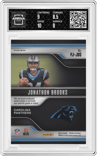 Jonathon Brooks from the 2024 Panini Prizm set graded by Arena Club and given an overall grade of 8.5.