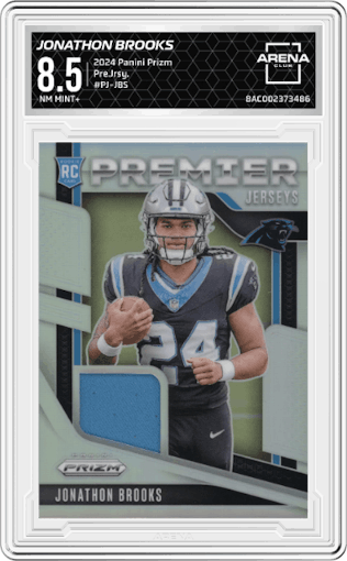 Jonathon Brooks from the 2024 Panini Prizm set graded by Arena Club and given an overall grade of 8.5.