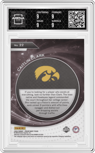 Caitlin Clark from the 2024 Panini Prizm Draft Picks set graded by Arena Club and given an overall grade of 9.