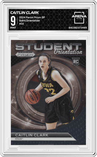 Caitlin Clark from the 2024 Panini Prizm Draft Picks set graded by Arena Club and given an overall grade of 9.