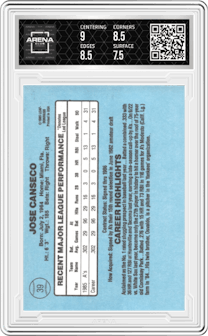 Jose Canseco from the 1986 Donruss set graded by Arena Club and given an overall grade of 8.
