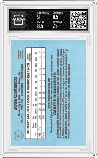 Jose Canseco from the 1986 Donruss set graded by Arena Club and given an overall grade of 8.