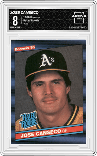 Jose Canseco from the 1986 Donruss set graded by Arena Club and given an overall grade of 8.