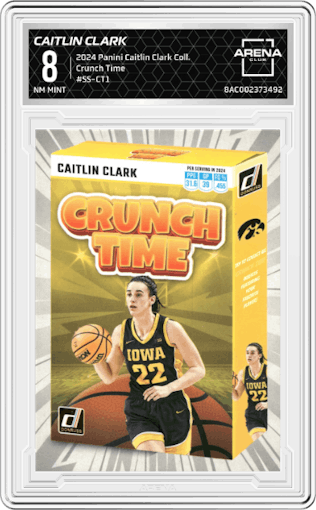 Caitlin Clark from the 2024 Panini Caitlin Clark Collection set graded by Arena Club and given an overall grade of 8.