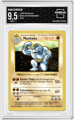Machoke from the 1999 Pokemon set graded by Arena Club and given an overall grade of 9.5.