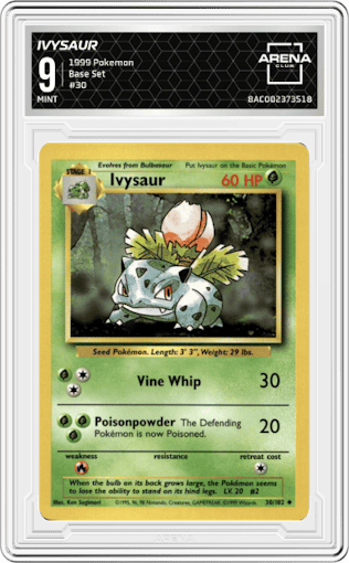 Ivysaur from the 1999 Pokemon set graded by Arena Club and given an overall grade of 9.