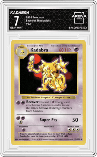Kadabra from the 1999 Pokemon set graded by Arena Club and given an overall grade of 7.