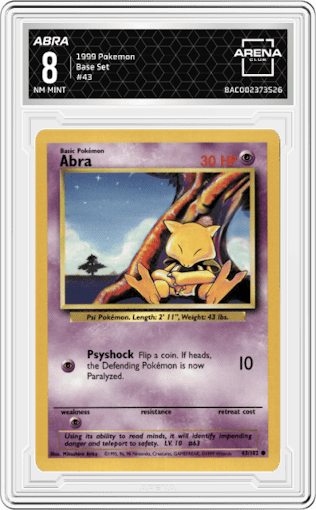 Abra from the 1999 Pokemon set graded by Arena Club and given an overall grade of 8.
