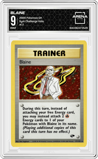 Blaine from the 2000 Pokemon GH set graded by Arena Club and given an overall grade of 9.