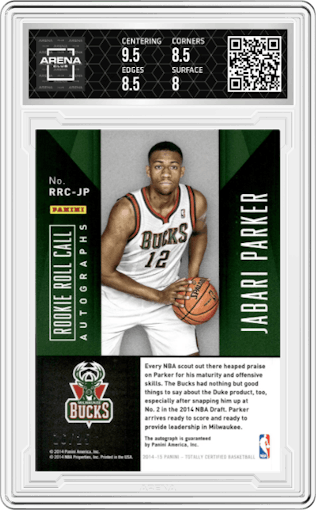 Jabari Parker  from the 2014-15 Panini Totally Certified set featuring a Mirror  parallel graded by Arena Club and given an overall grade of 8.5.