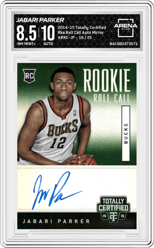 Jabari Parker  from the 2014-15 Panini Totally Certified set featuring a Mirror  parallel graded by Arena Club and given an overall grade of 8.5.