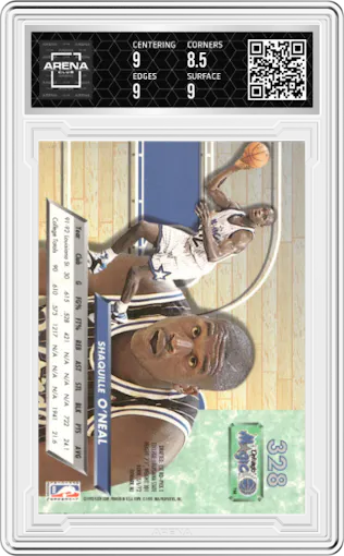 Shaquille O’Neal from the 1992-93 Fleer Ultra set graded by Arena Club and given an overall grade of 9.