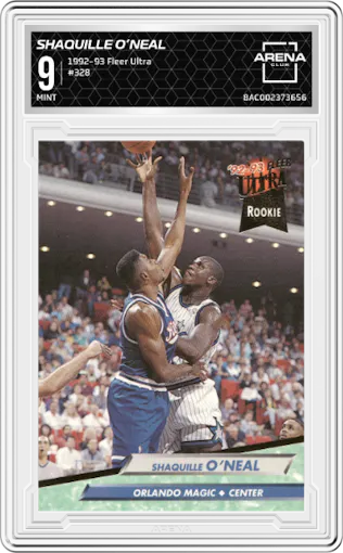 Shaquille O’Neal from the 1992-93 Fleer Ultra set graded by Arena Club and given an overall grade of 9.