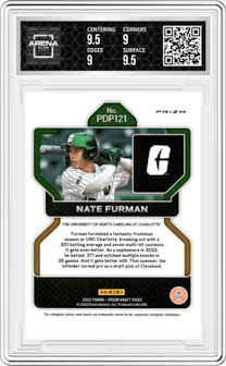 Nate Furman from the 2022 Panini Prizm Draft Picks set featuring a Neon Pink Velocity parallel graded by Arena Club and given an overall grade of 9.5.