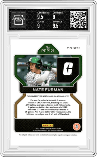 Nate Furman from the 2022 Panini Prizm Draft Picks set featuring a Neon Pink Velocity parallel graded by Arena Club and given an overall grade of 9.5.