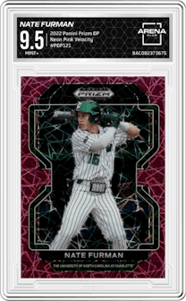 Nate Furman from the 2022 Panini Prizm Draft Picks set featuring a Neon Pink Velocity parallel graded by Arena Club and given an overall grade of 9.5.