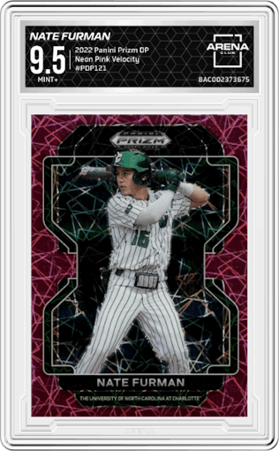 Nate Furman from the 2022 Panini Prizm Draft Picks set featuring a Neon Pink Velocity parallel graded by Arena Club and given an overall grade of 9.5.