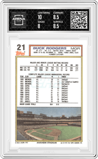 Buck Rodgers from the 1992 Topps set graded by Arena Club and given an overall grade of 8.5.