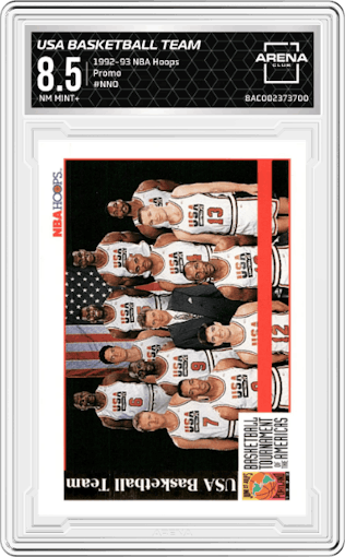 USA Basketball Team from the 1992-93 NBA Hoops set graded by Arena Club and given an overall grade of 8.5.
